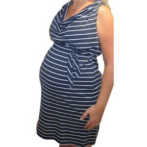 Soft Maternity Size Medium Navy and White Striped Cowl Neck Sleeveless Dress